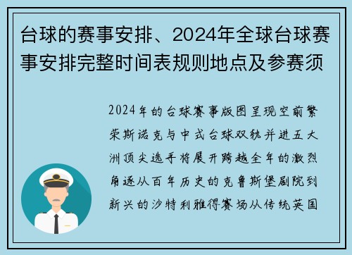 台球的赛事安排、2024年全球台球赛事安排完整时间表规则地点及参赛须知详解指南